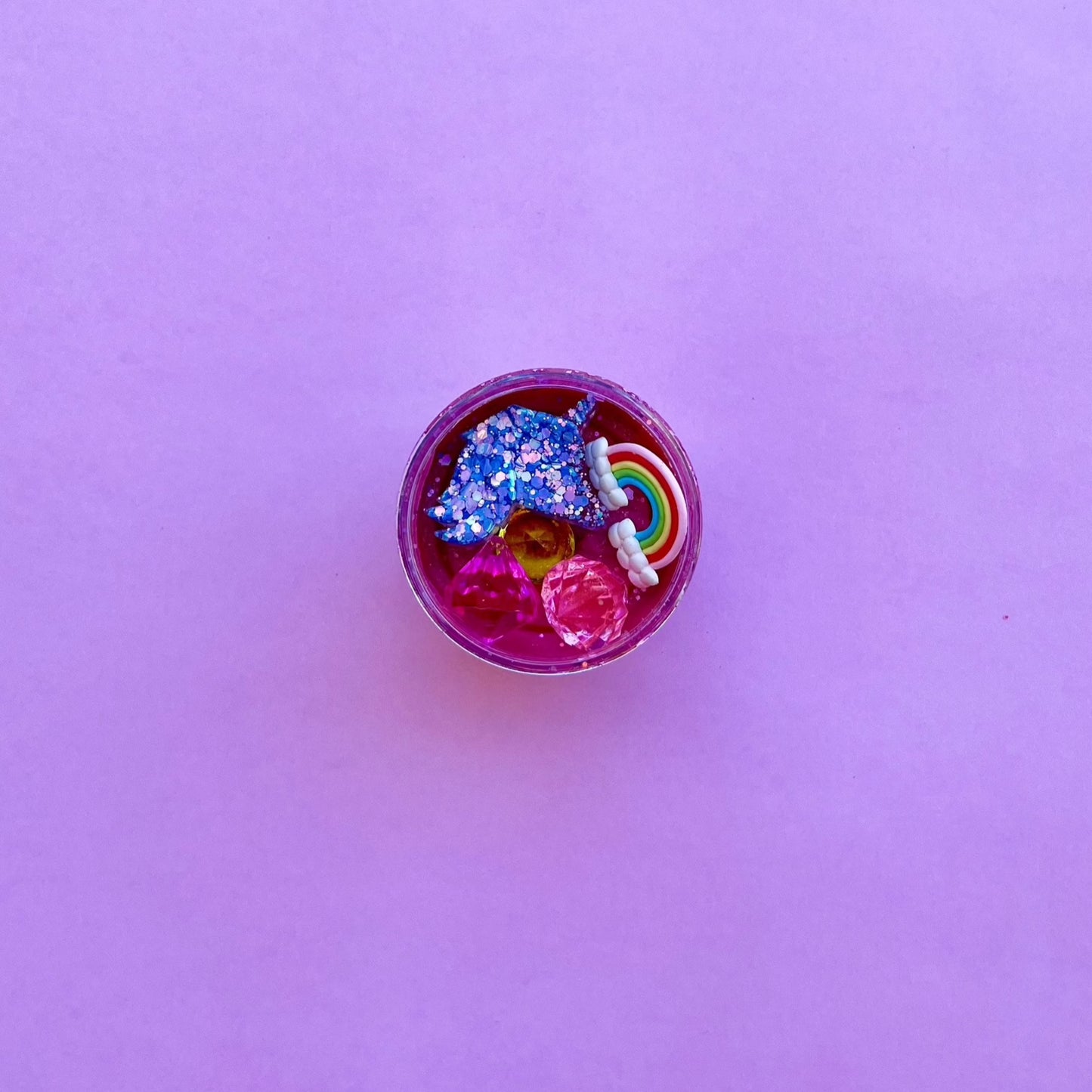 Rainbow Unicorn - Pink dough with pink glitter, resin unicorn head, gems & rainbow charm