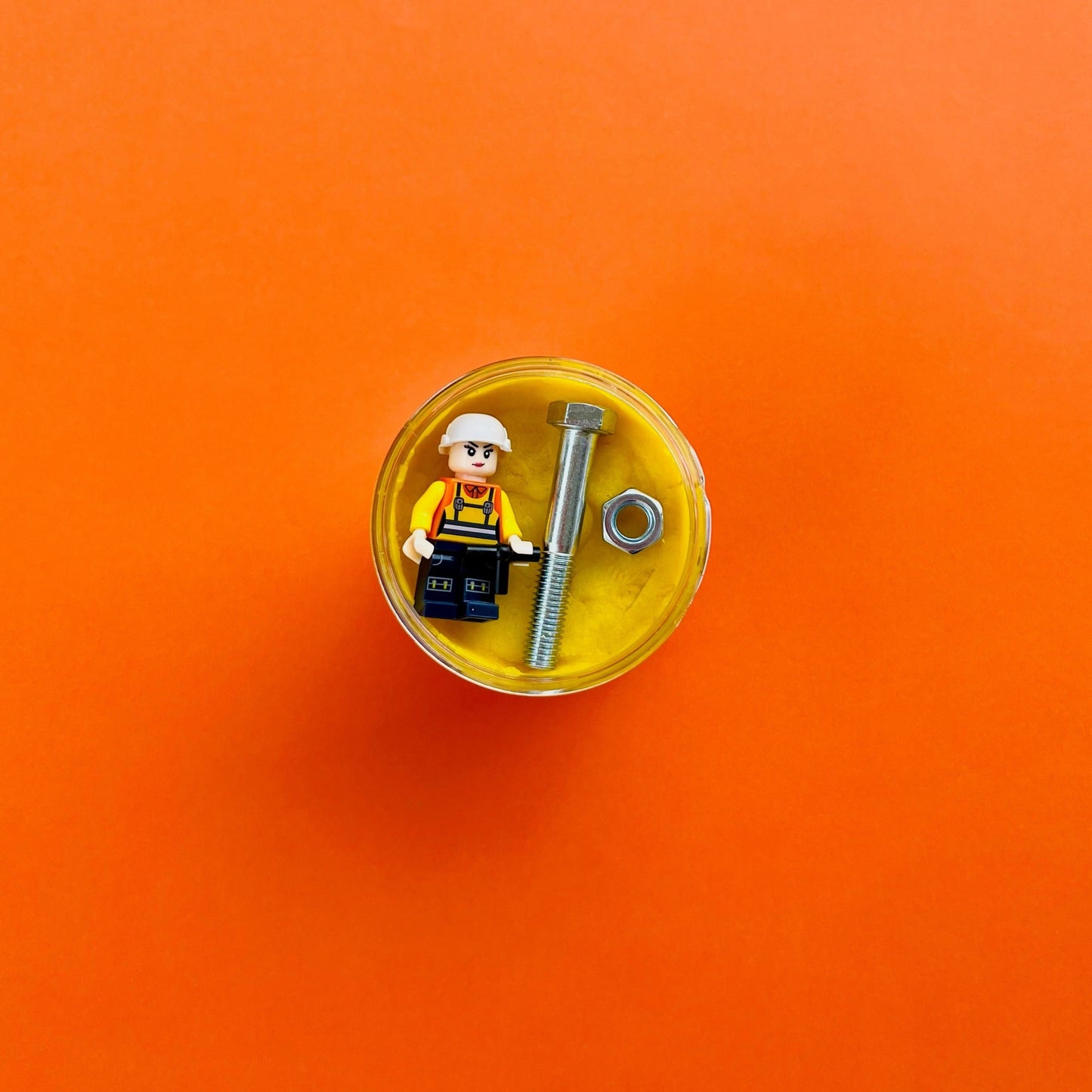 Construction - Yellow dough with construction worker figurine, nut & bolt